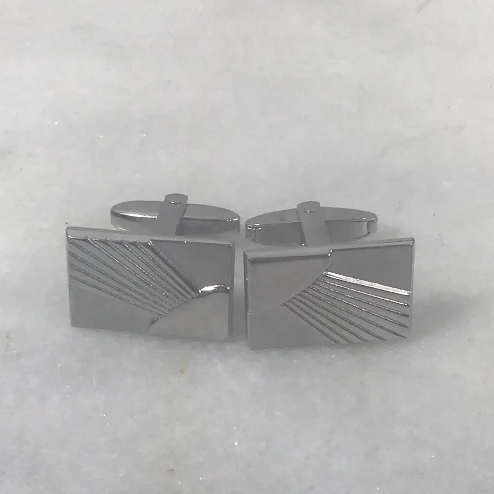 Vintage MCM Silver Tone Rectangular Cufflinks - Etched Sunburst Ray Design